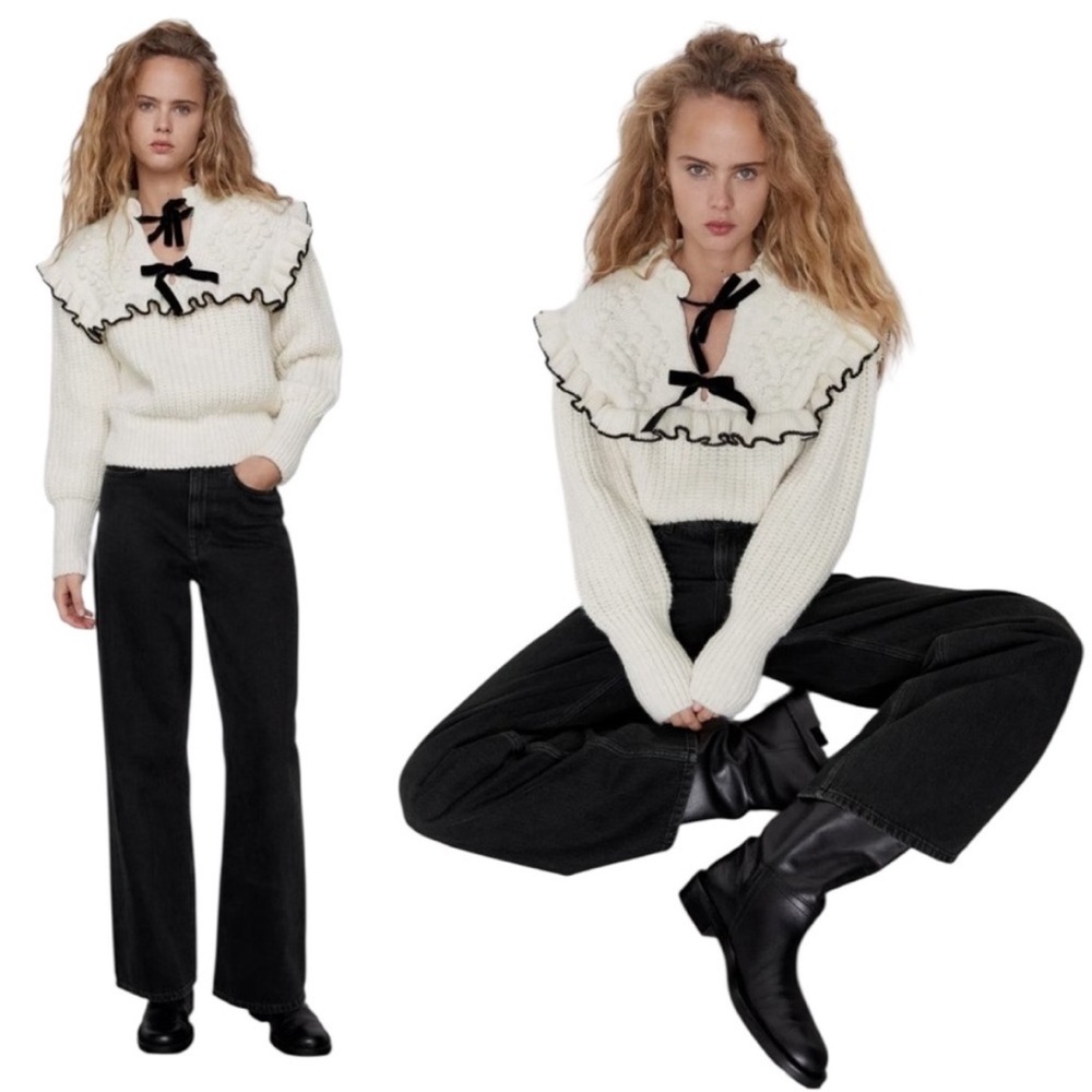 ZARA Soft Chunky Knit Ruffled Bow Tie Sweater